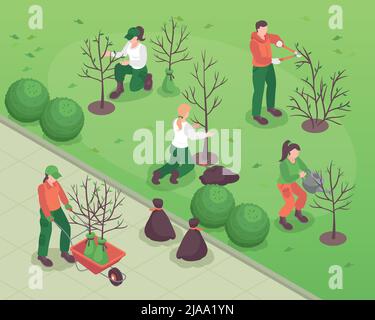 Männer und Frauen tun Frühling Gartenarbeit Pflanzen Bewässerung und Beschneiden von Bäumen auf grünem Rasen 3D isometrische Vektor-Illustration Stock Vektor