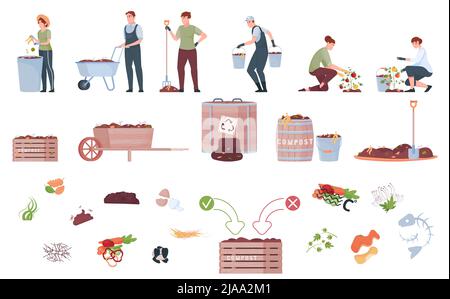 Kompost-Set mit flachen isolierten Icons von Lebensmitteln Nährstofffässern Fässer Palettenboxen und Arbeiter mit Werkzeugen Vektor-Illustration Stock Vektor