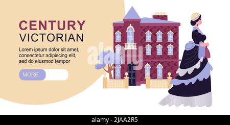 Century viktorianischen horizontalen Banner mit weiblichen Charakter in Rüschen Kleid auf historischen Gebäude Hintergrund flache Vektor-Illustration Stock Vektor
