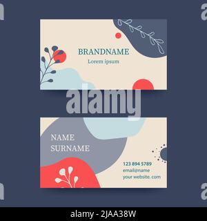 Visitenkarten-Design in zarten Pastelltönen. Modernes Konzept mit Flüssigkeit, Tropfen, Pinsel, Blumen, Blättern, Linien. Schattierungen von Rot und Blau. Vektor Stock Vektor