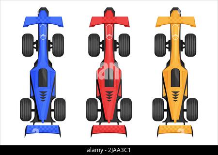 Set Rennwagen, Sportwagen Draufsicht in Cartoon-Stil isoliert auf weißem Hintergrund. Formel bolid detaillierte Zeichnung, oben, Luft. Vektorgrafik Stock Vektor