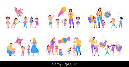 Mexikanische Pinatas Farbe Ikone Set Kinder und ihre Eltern schlagen eine Pinata für Geburtstage und andere Feiertage Vektor-Illustration Stock Vektor