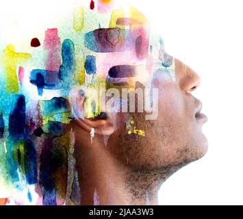 Paintographie. Ausdrucksstarke Pinselstriche kombiniert mit einem Profilporträt Stockfoto