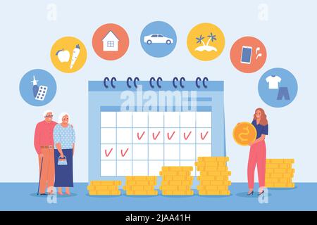 Flache Familie Budget Planung Hintergrund mit älteren Menschen und Frau Tauchen Einsparungen unter verschiedenen Bedürfnissen und Kosten Vektor-Illustration Stock Vektor