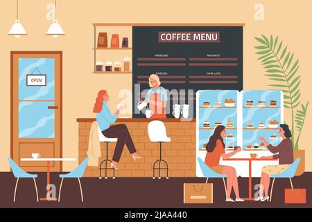 Café-Bar mit Inneneinrichtung im Szenencafe mit Sitzplätzen und Barständer mit Vektorgrafik menschlicher Figuren Stock Vektor