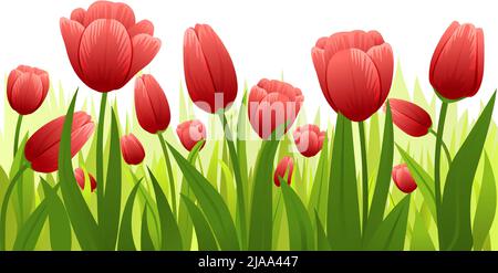 Frühlingsblumen flache Komposition mit grünen Blumenstielen mit Blättern und roten Knospen auf leerem Hintergrund Vektor-Illustration Stock Vektor