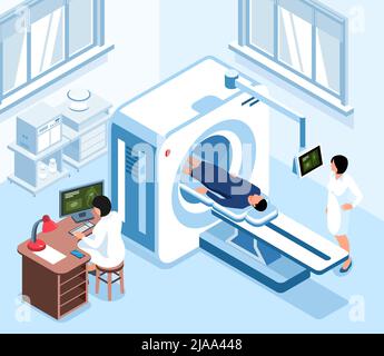 Isometrischer Scan diagnostische Zusammensetzung mit zwei Ärzten in der Praxis diagnostizieren einen Patienten Gesundheit mit MRI-Maschine Vektor-Illustration Stock Vektor