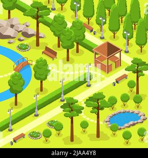 Isometrische Park Landschaft Zusammensetzung grünen Wäldern und grünen Rasen in Landschaftspark mit Pavillons und Wanderwege Vektor-Illustration Stock Vektor