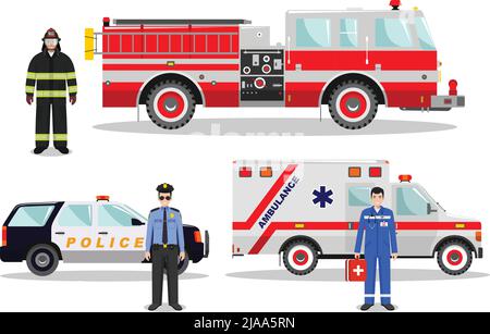 Detaillierte Darstellung von Feuerwehrmann, Notarzt, Polizeibeamter mit Feuerwehrauto, Krankenwagen und Polizeiwagen in flachem Stil auf weißem Hintergrund. Stock Vektor