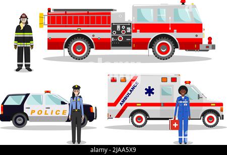 Detaillierte Darstellung von Feuerwehrmann, Notarzt, Polizeibeamter mit Feuerwehrauto, Krankenwagen und Polizeiwagen in flachem Stil auf weißem Hintergrund. Stock Vektor