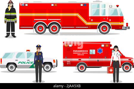 Detaillierte Darstellung von Feuerwehrmann, Notarzt, Polizeibeamter mit Feuerwehrauto, Krankenwagen und Polizeiwagen in flachem Stil auf weißem Hintergrund. Stock Vektor
