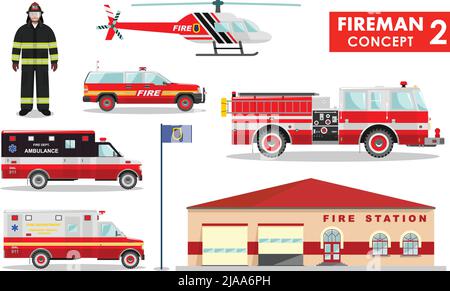 Detaillierte Darstellung von Feuerwehrmann, Feuerwehrhaus, Feuerwehrauto und Hubschrauber in flachem Stil auf weißem Hintergrund in flachem Stil auf weißem Hintergrund. Stock Vektor
