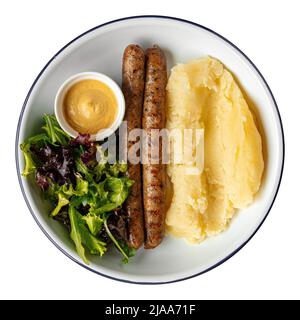 Isolierte Grillwürste mit Kartoffelpüree Stockfoto