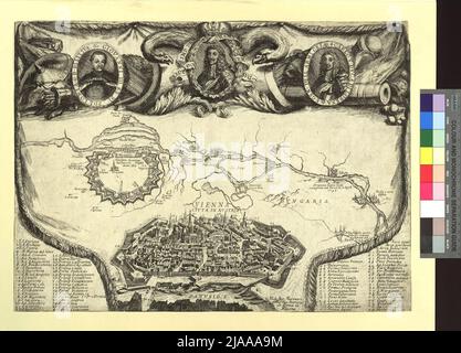 Wien / Citta in Avstria '. Zur Belagerung von Wien 1683: Porträts Kaiser Leopold, König Sobieski und Herzog Carl von Lothringen, Donaukarte nach Buda/Ofen und Birdschau Wien. Michael Angelo Marinari, Etcher Stockfoto