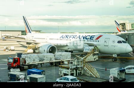 Air France Aircraft, Airbus A319-111 Airlinerflugzeug hinter dem Fenster mit Ladetransport zu ihm, im Terminal 2E, Flughafen Paris Stockfoto