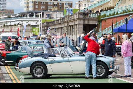 Brighton UK 29. May 2022 - Teilnehmer nach dem Abschluss des London to Brighton Classic Car Run, der entlang der Küste von Brighton endet. Die Autos starten vom berühmten Brooklands Museum und Produktionsfahrzeuge über 40 Jahre alt sind teilnahmeberechtigt : Credit Simon Dack / Alamy Live News Stockfoto