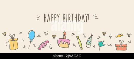 Vector Geburtstagskarte handgezeichnet in zarten Farben mit Luftballon, Kuchen, Geschenk, Süßigkeiten. Einfaches Geburtstagsposter oder -Banner im Kritzelstil Stock Vektor