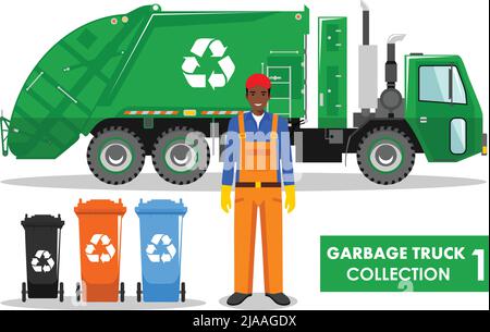 Detailed illustration of garbage man, garbage truck and different types of dumpsters on white background in flat style. Stock Vektor