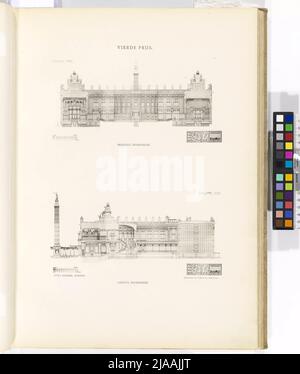 Wettbewerb Friedenspalast Den Haag - 4. Preis: O. Wagner, Wien: Querschnitt und Längenschnitt (Internationaler Stiftungswettbewerb - Carnegie / Le Palais de la Paix a la Haye / Reproduktionen der 6 preisgekrönten Projekte und 40 anderer Projekte, die von der Society of Amsterdam architecture ausgewählt und unter seiner Leitung veröffentlicht wurden / sechzig vierzehn Platten / Henri Laurens, Herausgeber, 6 rue de Tournon, Paris, Vie, Paris 1906). Otto Wagner (1841-1918), Architekt Stockfoto