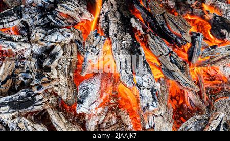 Brennender Holzkohlegrill. Schwelende Kohlen im Lagerfeuer. Stockfoto