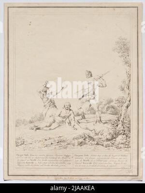 Aus der Serie '' Heldenthate von K.K. Armee ... Gregor Thoth rettet am 21. August 1793 den Korporal Karnetzki bei Werth (Wörth). Fraglich: Adam Bartsch (1757-1821), Schublade, fraglich: Vinzenz Georg Kininger (1767-1851), Schublade, Tranquillo Maria Laurentio Mollo (1767-1837), Verleger Stockfoto