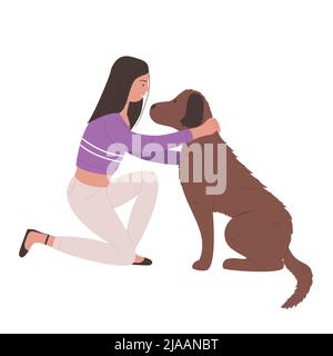 Mädchen sitzt auf dem Knie und umarmt ihren Haushund. Affectional und warme Beziehung mit Haustier Cartoon Vektor Illustration Stock Vektor