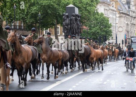 Mitglieder der Household Cavalry sahen mit ihren Pferden Whitehall entlang marschieren. Bild aufgenommen am 24.. Mai 2022. © Belinda Jiao jiao.bilin@gmail. Stockfoto