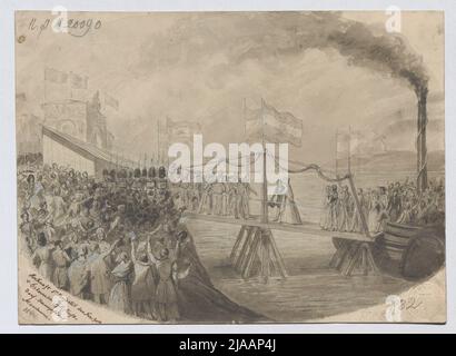 Ankunft des Kaiserpaares (Ferdinand I. und Maria Anna) in Nußdorf auf dem Dampfschiff Marianne. Anton Perger (Ritter von) (1809-1876), Schublade Stockfoto