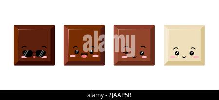 Niedliche quadratische Schokolade Stück Kinder emoji Charakter Vektor-Set. Stock Vektor
