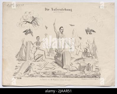 'Die Auferstehung / (am 16. September)' (Karikatur zu Heinrich von Gagern, dem Präsidenten der Frankfurter Nationalversammlung 1848, und den Mitgliedern der provisorischen Zentralmacht Eduard von Peucker, Hermann von Beckerath, Johann Gustav Heckscher, Anton Ritter von Schmerling und Arnold Duckwitz). L. Maurer, Künstler, Samuel Stern, Verleger Stockfoto