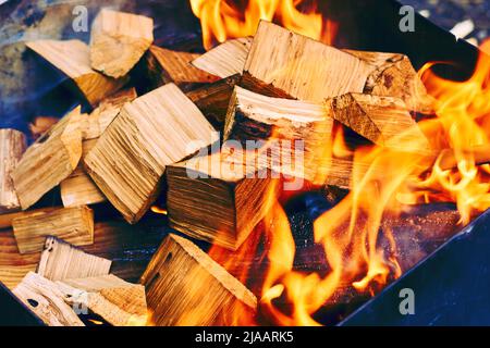 Holzblöcke Brennholz Brennstoff in den Brazier zum Anzünden zum Kochen geworfen Stockfoto