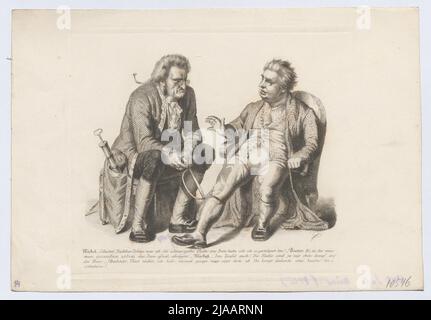 Friedrich Christoph Dahlmann, Abgeordneter der Frankfurter Nationalversammlung 1848, will das "schwarze und gelbe" Bein sehen (Karikatur auf Dahlmanns kleine deutsche Haltung). August Friedrich Pecht (1814-1903), Lithograph, Georg Wigand (1808-1858), Verleger Stockfoto