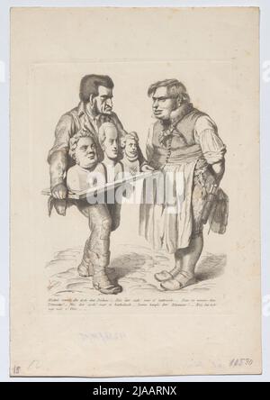 Friedrich Christoph Dahlmann, Abgeordneter der Frankfurter Nationalversammlung 1848, bietet dem deutschen Michel die Büsten dreier Herrscher als Wanderhändler für die Wahl an (Karikatur zur Diskussion über die Wahl eines deutschen Kaisers). August Friedrich Pecht (1814-1903), Lithograph, Georg Wigand (1808-1858), Verleger Stockfoto