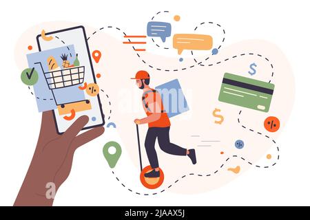Lieferung App, um Lebensmittel aus Supermarkt und Lebensmittelgeschäft zu bestellen. Cartoon Hand halten Telefon zu kaufen gesunde frische Produkte, Kurierversand mit Öko-Transport flache Vektor-Illustration. ECommerce-Konzept Stock Vektor