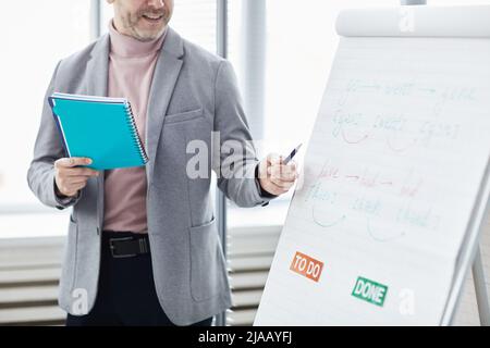 Ausgeschnittene Aufnahme eines reifen männlichen Lehrers, der im Büro Englischunterricht erteilt und auf das Whiteboard zeigt und Platz zum Kopieren bietet Stockfoto