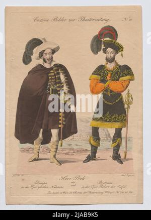 Herr Pöck als Zampa in der Oper Gleichens und Bertram in der Oper Robert der Teufel (Kostümbild Nr. 10 für die Theaterzeitung). Andreas Geiger (1765-1856), Kupferstecher, nach: Johann Christian Schoeller (1782-1851), Künstler Stockfoto