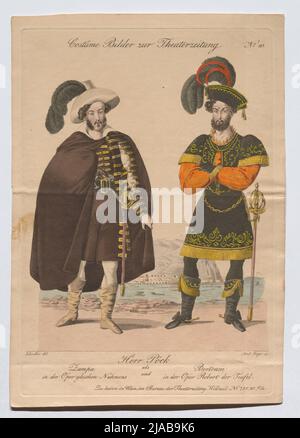 Herr Pöck als Zampa in der Oper Gleichens und Bertram in der Oper Robert der Teufel (Kostümbild Nr. 10 für die Theaterzeitung). Andreas Geiger (1765-1856), Kupferstecher, nach: Johann Christian Schoeller (1782-1851), Künstler Stockfoto