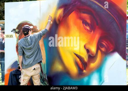 Bristol, Großbritannien. 28. Mai 2022. Der Straßenkünstler Jack Lack arbeitet während des Bristol Upfest, 2022, Festivals an einem großen Wandgemälde. Europas größte Street Art Stockfoto