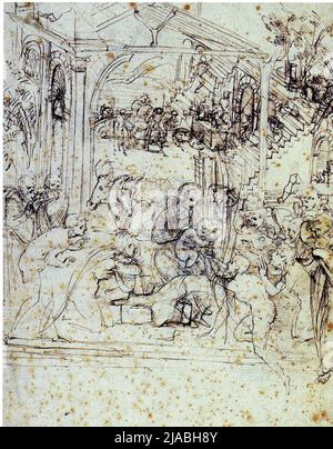 LEONARDO DA VINCI. KOMPOSITIONSSKIZZE ZUR ANBETUNG DER KÖNIGE. 1481. STIFT UND TINTE ÜBER METALPOINT. 278 MM X 208 MM Stockfoto