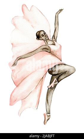 Aquarell tanzende Ballerina mit dunkler Haut, handgezeichnete braune Bindenwebezweige, rosa-braune Libelle Stockfoto