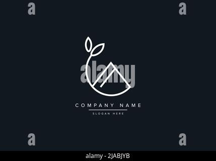 Linie Art House Logo Vektor mit Blatt Stock Vektor