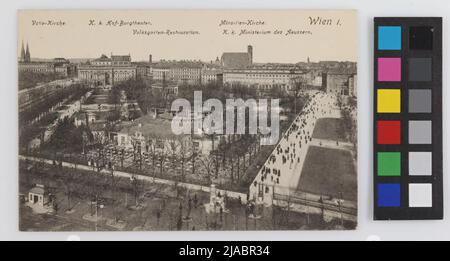 1., Volksgarten - Volks von NHM gegen Minoritekirche und Burgtheater, im Vordergrund Volksgartenkaffehaus, Postkarte. Paul Ledermann (1882-1946), Produzent Stockfoto