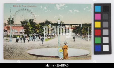 2., Prater - Eingang zur Hauptstraße mit Viadukt und Riesenrad, Postkarte. Verlag A. Böhm, Wien (A. B. & Co., Wien), Produzent Stockfoto