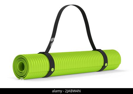 Grüne Yogamatte oder leichte Schaumstoff-Campingbett-Rollauflage isoliert auf weißem Hintergrund. 3d-Rendering von Sportgeräten für Fitness, Yoga und Active Wor Stockfoto