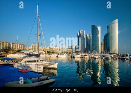Busan Hafen mit Yachten auf Sonnenuntergang, Südkorea Stockfoto