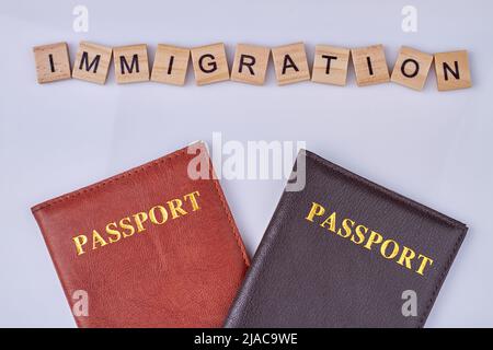 Holzwürfel mit Aufschrift EINWANDERUNG und zwei Pässen. Flache Lay-Komposition auf hellem Hintergrund. Stockfoto