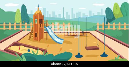 Flacher Kinderspielplatz im Park mit Sandkasten, Rutsche und Schaukel. Spielplatz im Freien mit Sandkasten, hölzerner Wippe und Schieber für Kinderspiele. Sommer öffentlichen Kinderbereich auf grünem Rasen zum Spielen, Erholung. Stock Vektor