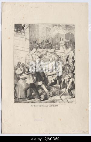 „Eine Universität = Barrikade am 26. Mai 1848.“ Joseph Albrecht, Lithograph, L. Mossbeck, Verleger Stockfoto