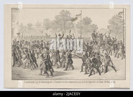 'Triumpfender Zug des Nationalgartens und der Grenadiere mit den eroberten Kanonen durch die Jägerlinie in die Stadt. 1 Uhr. ' (Am 6. Oktober 1848). Johann Höfelich (1796-1849), Verleger Stockfoto