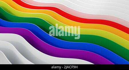 Abstrakter Regenbogen diagonalen Streifen Hintergrund, Textur. Gewellte geometrische mehrfarbige Linie, lgbt, Homosexuell Symbol. 3D Rendern Stockfoto